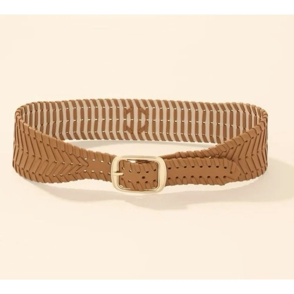White House Black Market Faux Leather Woven Belt S/P Gold Tone Buckle Vachetta